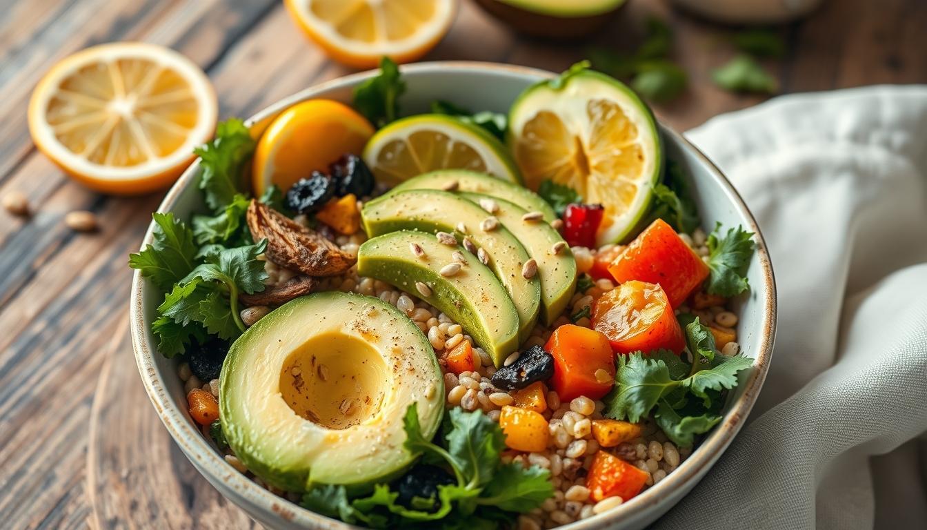 Balanced healthy meal prepared in a home kitchen